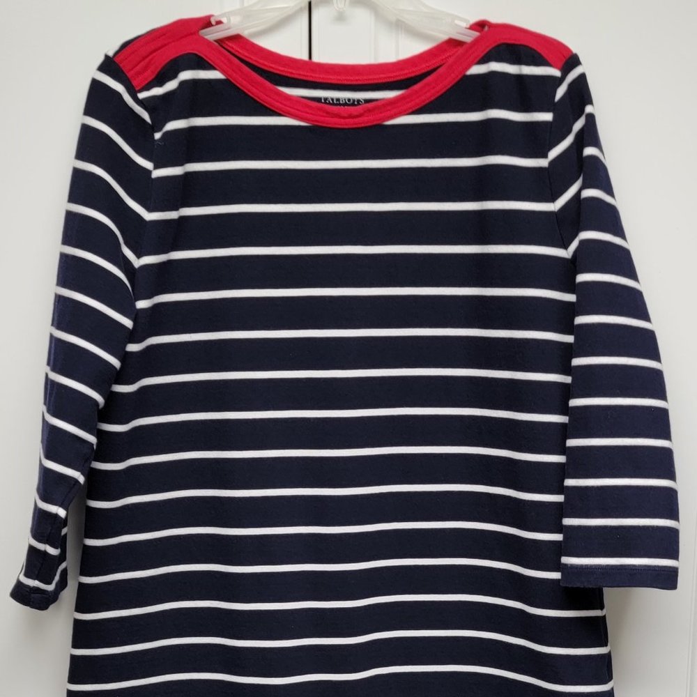 Talbots Nautical Shift Dress Blue & White Striped with Red Trim Size XL